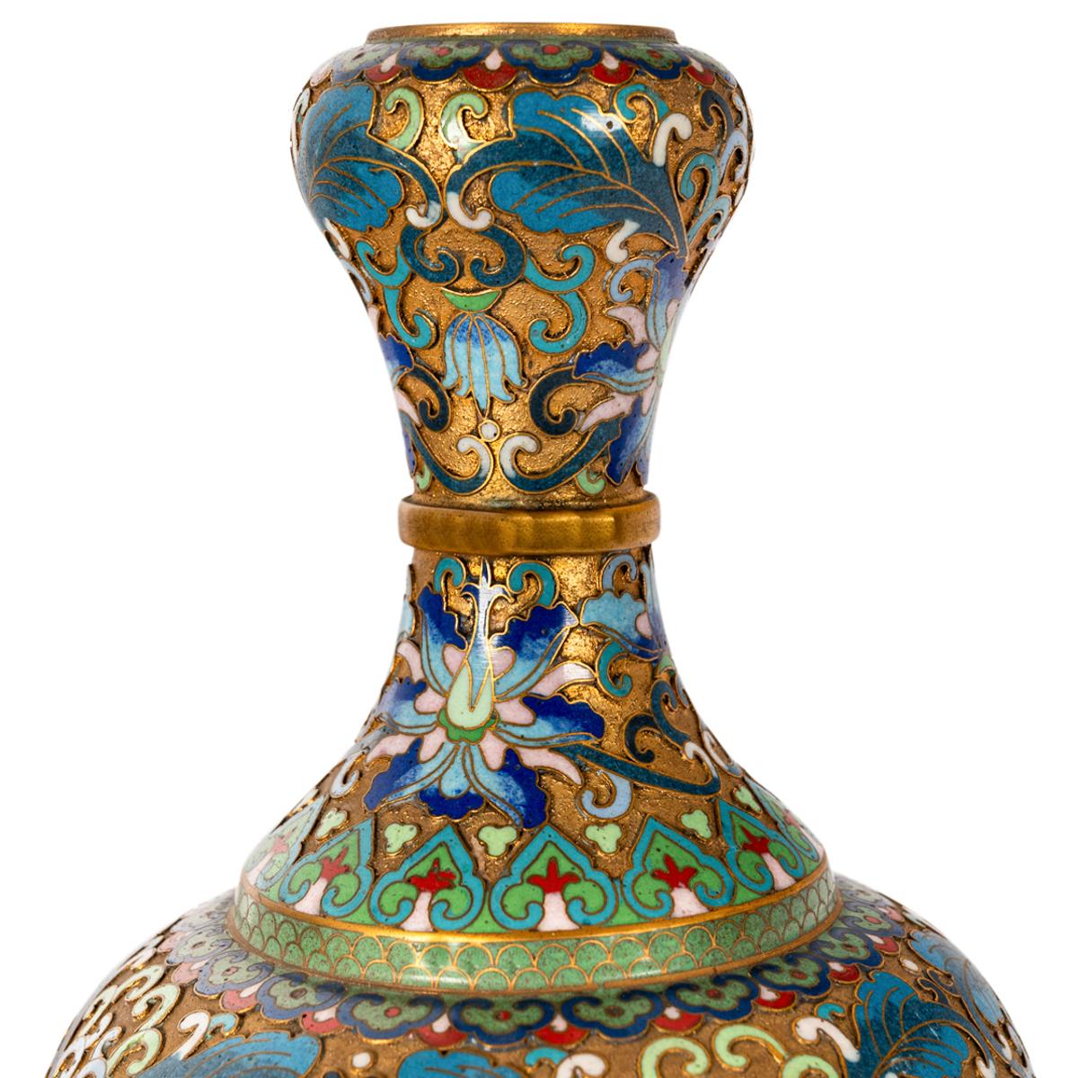 Pair Antique Chinese Qing Republic Dynasty Cloisonné Champlevé Vases 1910 4
