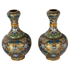 Pair Antique Chinese Qing Republic Dynasty Cloisonné Champlevé Vases 1910
