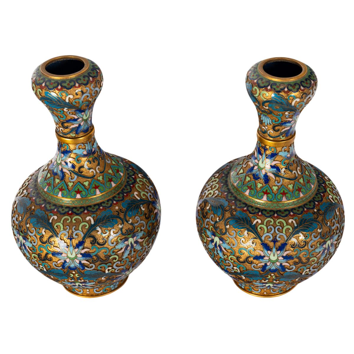 Pair Antique Chinese Qing Republic Dynasty Cloisonné Champlevé Vases 1910 In Good Condition In Portland, OR