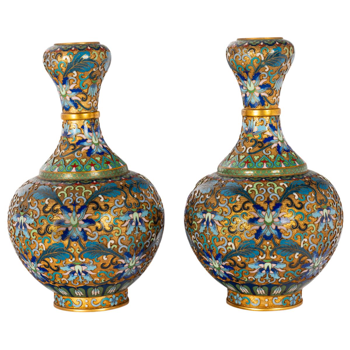 Early 20th Century Pair Antique Chinese Qing Republic Dynasty Cloisonné Champlevé Vases 1910