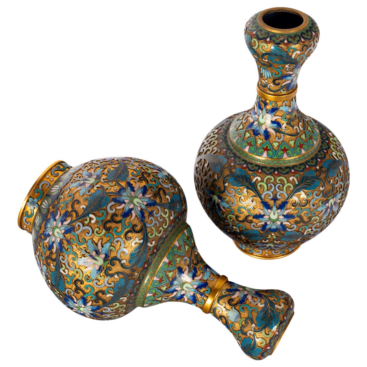 Enamel Pair Antique Chinese Qing Republic Dynasty Cloisonné Champlevé Vases 1910