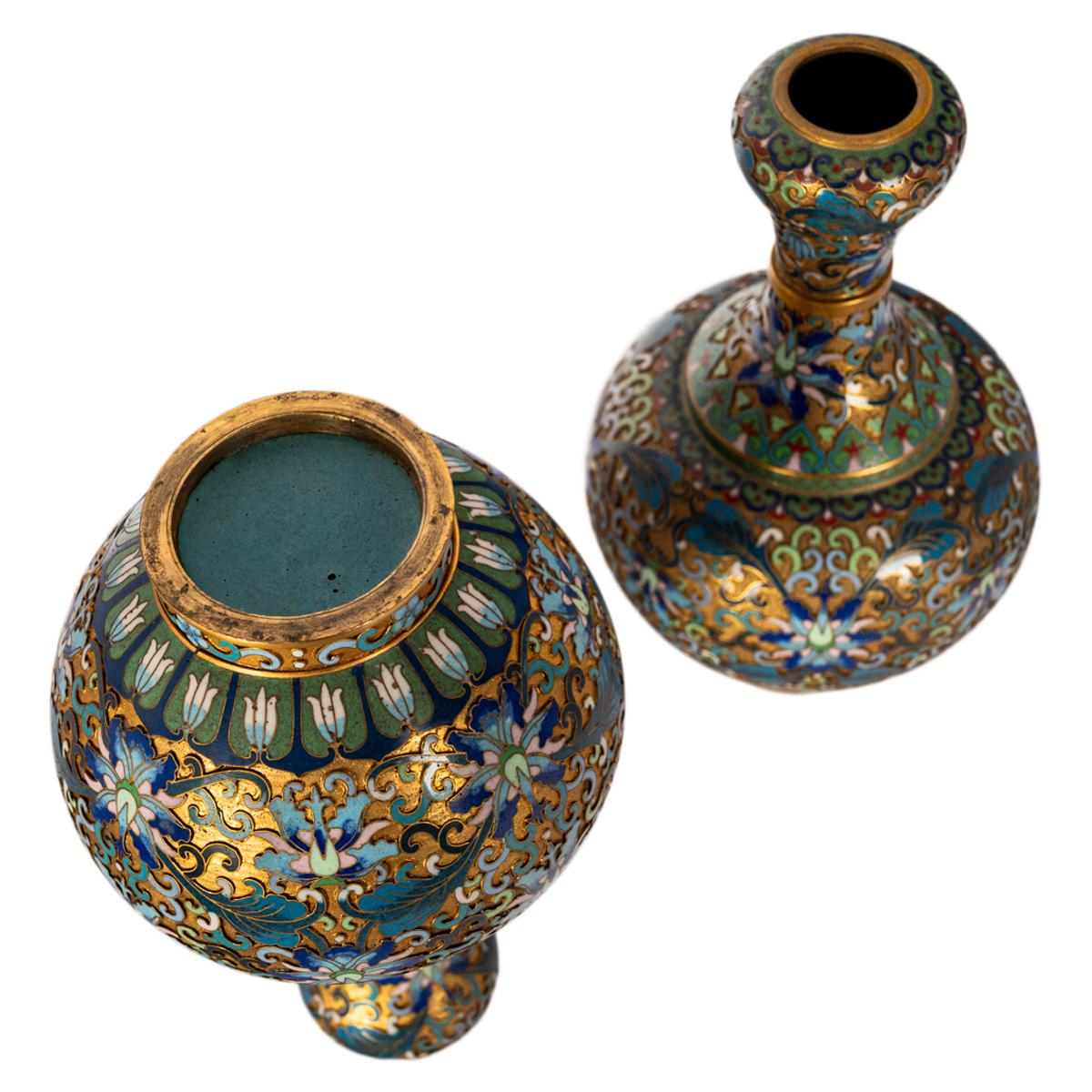 Pair Antique Chinese Qing Republic Dynasty Cloisonné Champlevé Vases 1910 1