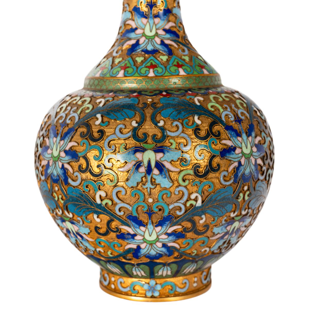 Pair Antique Chinese Qing Republic Dynasty Cloisonné Champlevé Vases 1910 2