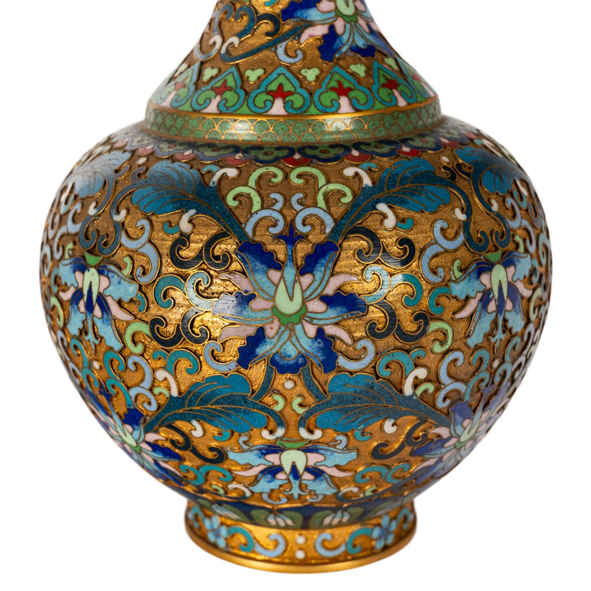 Pair Antique Chinese Qing Republic Dynasty Cloisonné Champlevé Vases 1910 3