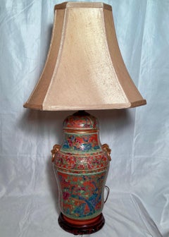 Pair Antique Chinese "Clobbered" Porcelain Covered Vases Made into Lamps.