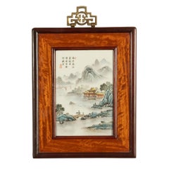 Pair Antique Chinese Republic Period Hand Painted Porcelain Hongmu Plaques 1920