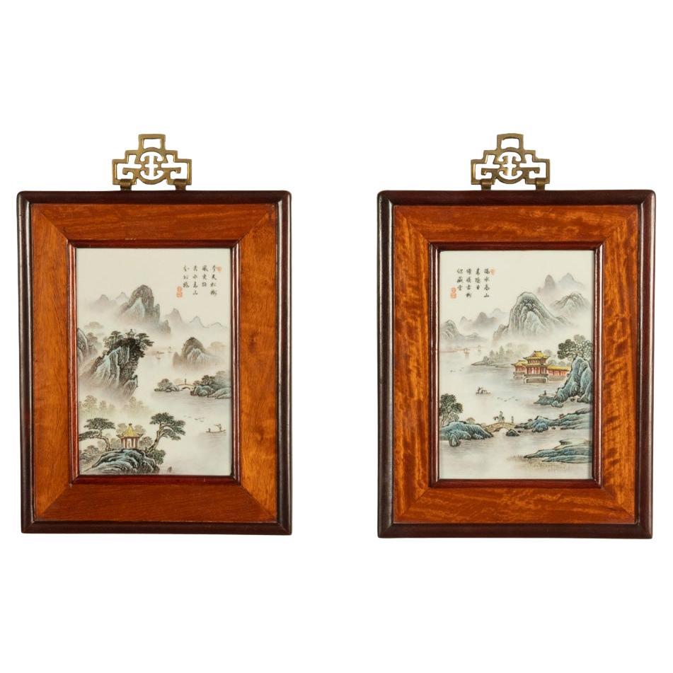 Paire d'anciennes plaques Hongmu en porcelaine peinte à la main de la période de la République chinoise 1920