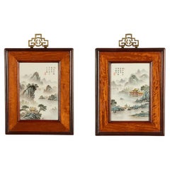 Pair Antique Chinese Republic Period Hand Painted Porcelain Hongmu Plaques 1920