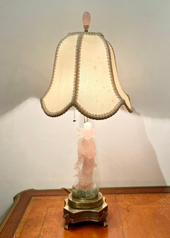 Pair Antique Chinese Rose Quartz Lamps on Gold Bronze Bases, Circa 1920.