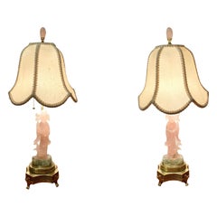 Pair Antique Chinese Rose Quartz Lamps on Gold Bronze Bases, Circa 1920.