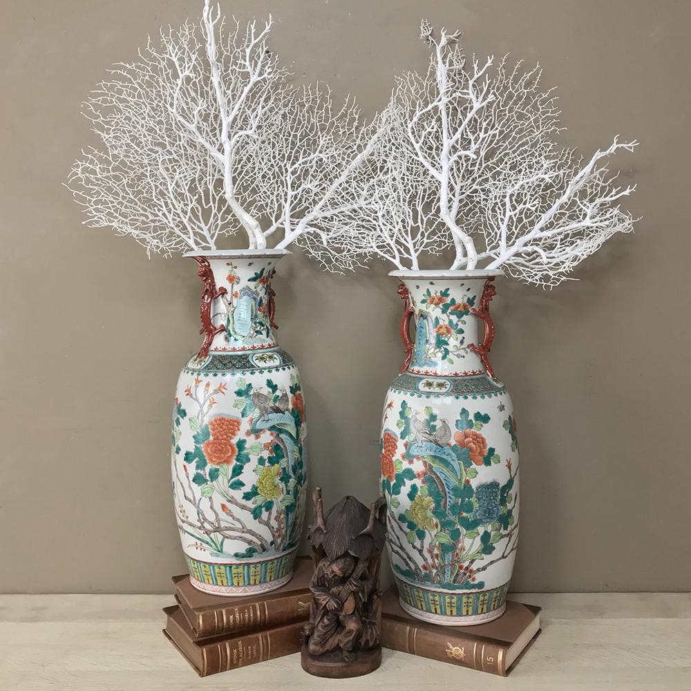 Pair antique Chinese vases with dragons feature a wonderful blend of colors artistically rendered by hand across the entire exterior. Such vases were produced for export to Europe where they've been popular for over two centuries!
circa 1890s
Each