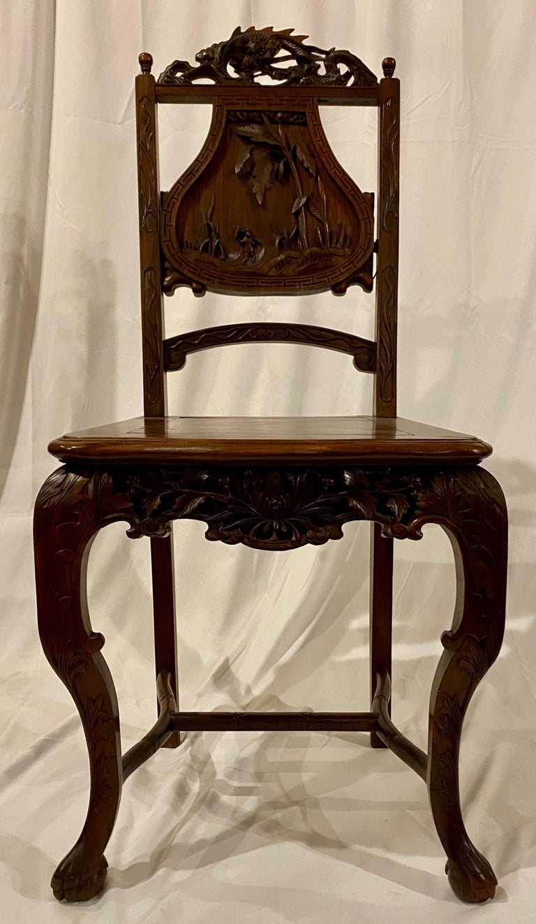 Pair of Antique Chinoiserie Carved Teak 19th Century Chairs at 1stDibs