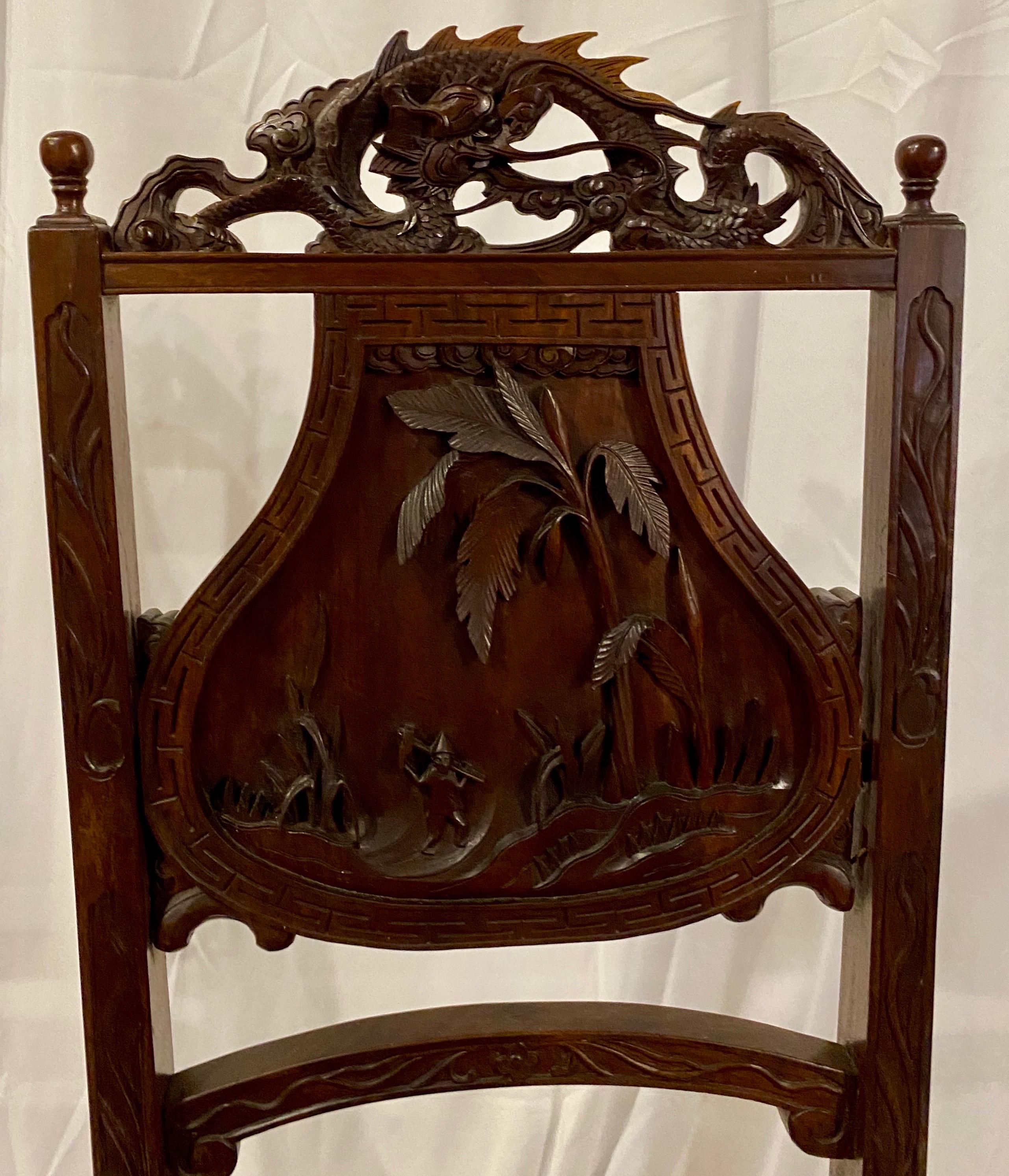 Pair of Antique Chinoiserie Carved Teak 19th Century Chairs 3