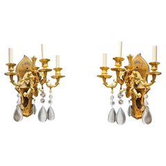 Pair Antique Chinoiserie Gilt Bronze and Painted 3-Light Sconces / Wall Lights
