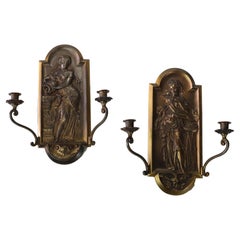 Pair Antique Classical Maiden Relief Bronze Two Light Candle Wall Sconces c1920