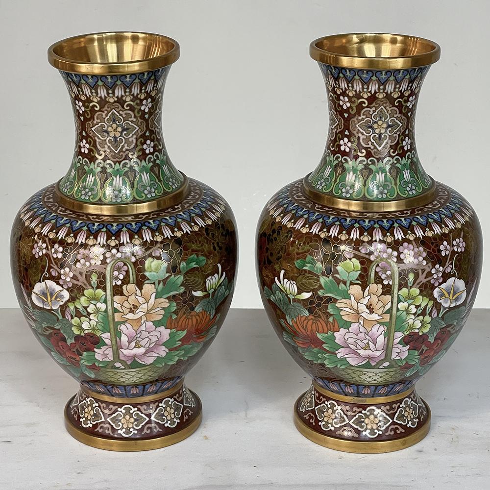 Chinese Export Pair Antique Cloissone Vases For Sale