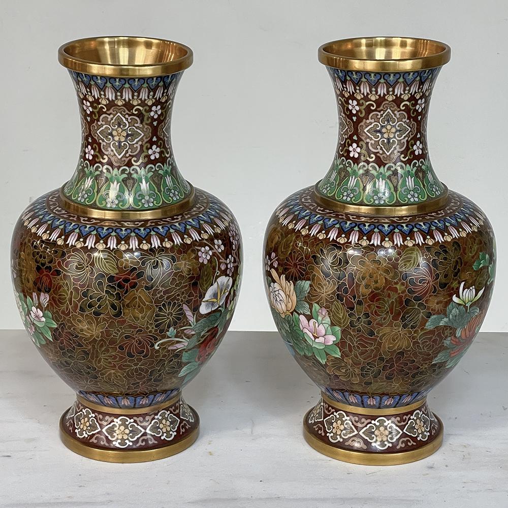 Chinese Pair Antique Cloissone Vases For Sale