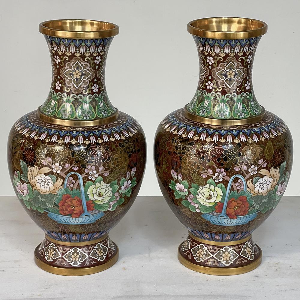 Hand-Crafted Pair Antique Cloissone Vases For Sale