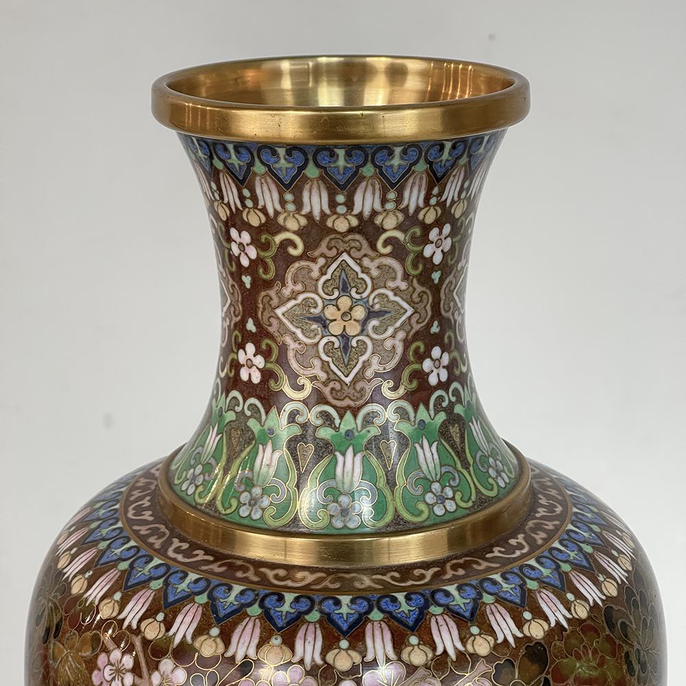 Brass Pair Antique Cloissone Vases For Sale