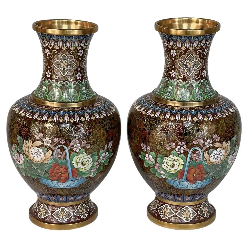 Pair Antique Cloissone Vases For Sale