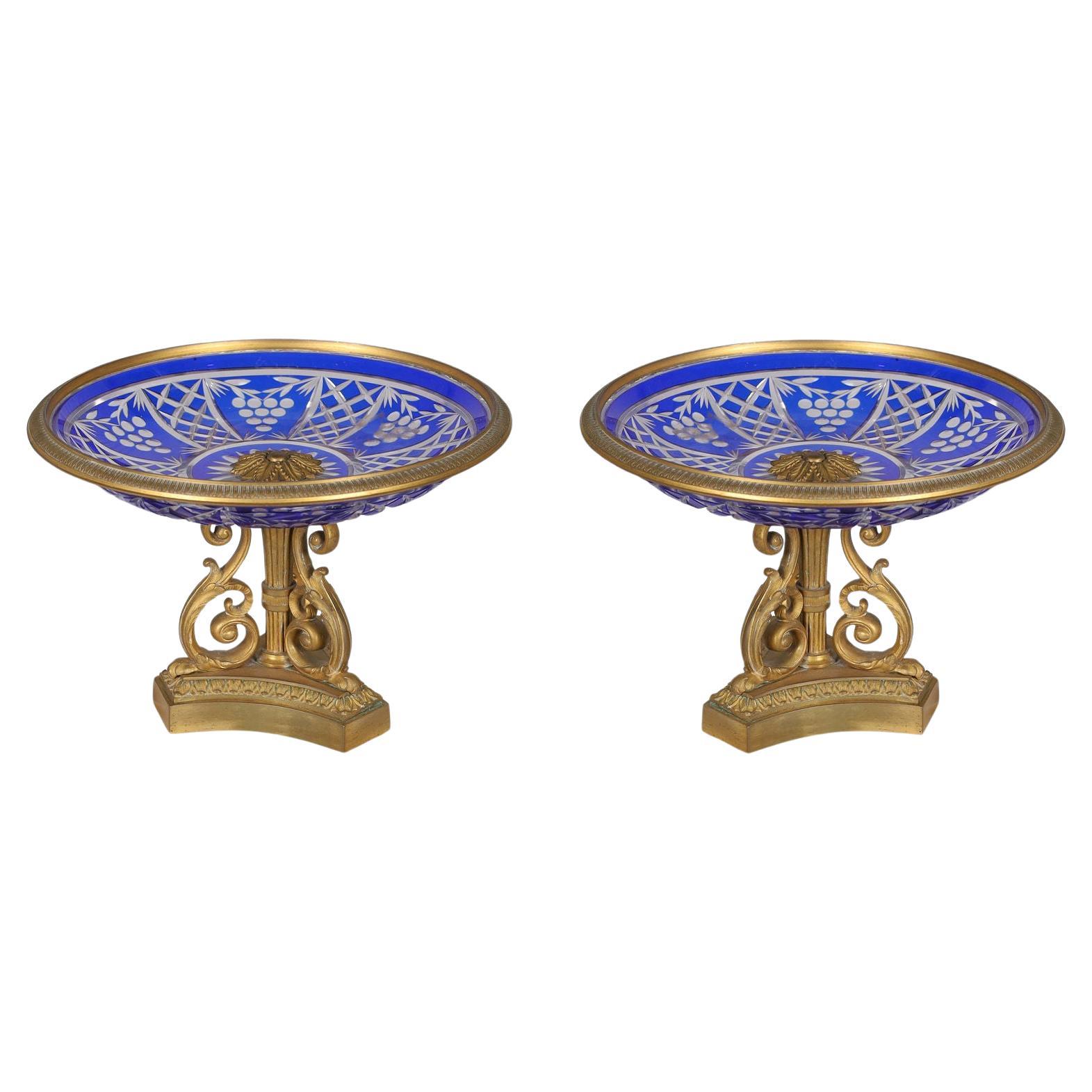 Pair Antique Cobalt Blue Cut Glass and Bronze Tazza / Compotes / Dishes