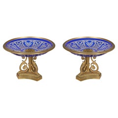 Pair Antique Cobalt Blue Cut Glass and Bronze Tazza / Compotes / Dishes