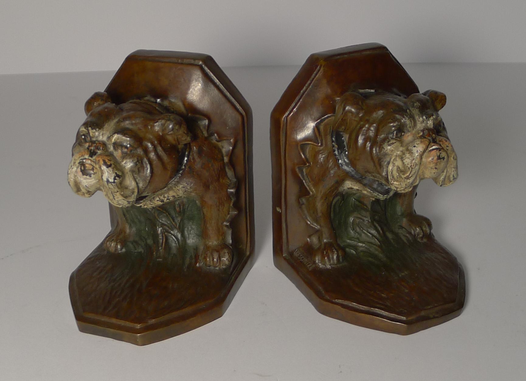 Pair of Antique Cold Painted Bronze Bookends, Bulldog, circa 1900 For Sale 1