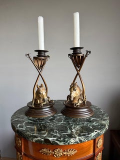 Pair Antique Cold Painted Vienna Bronze Horse Sculptures Candlesticks Bergmann