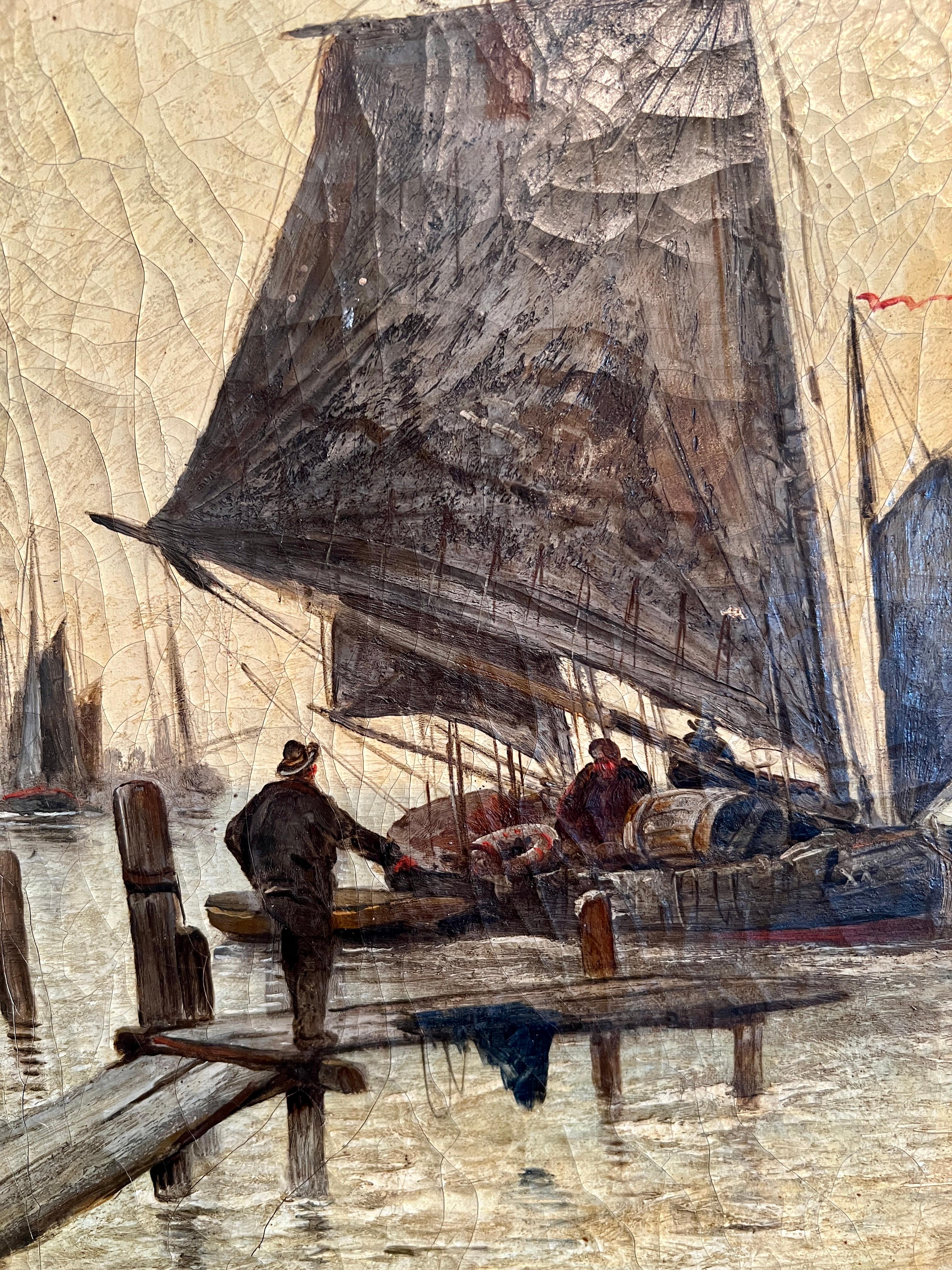 20th Century Pair Antique Continental Oil on Canvas Ship & Harbor Paintings, Circa 1920's.  For Sale