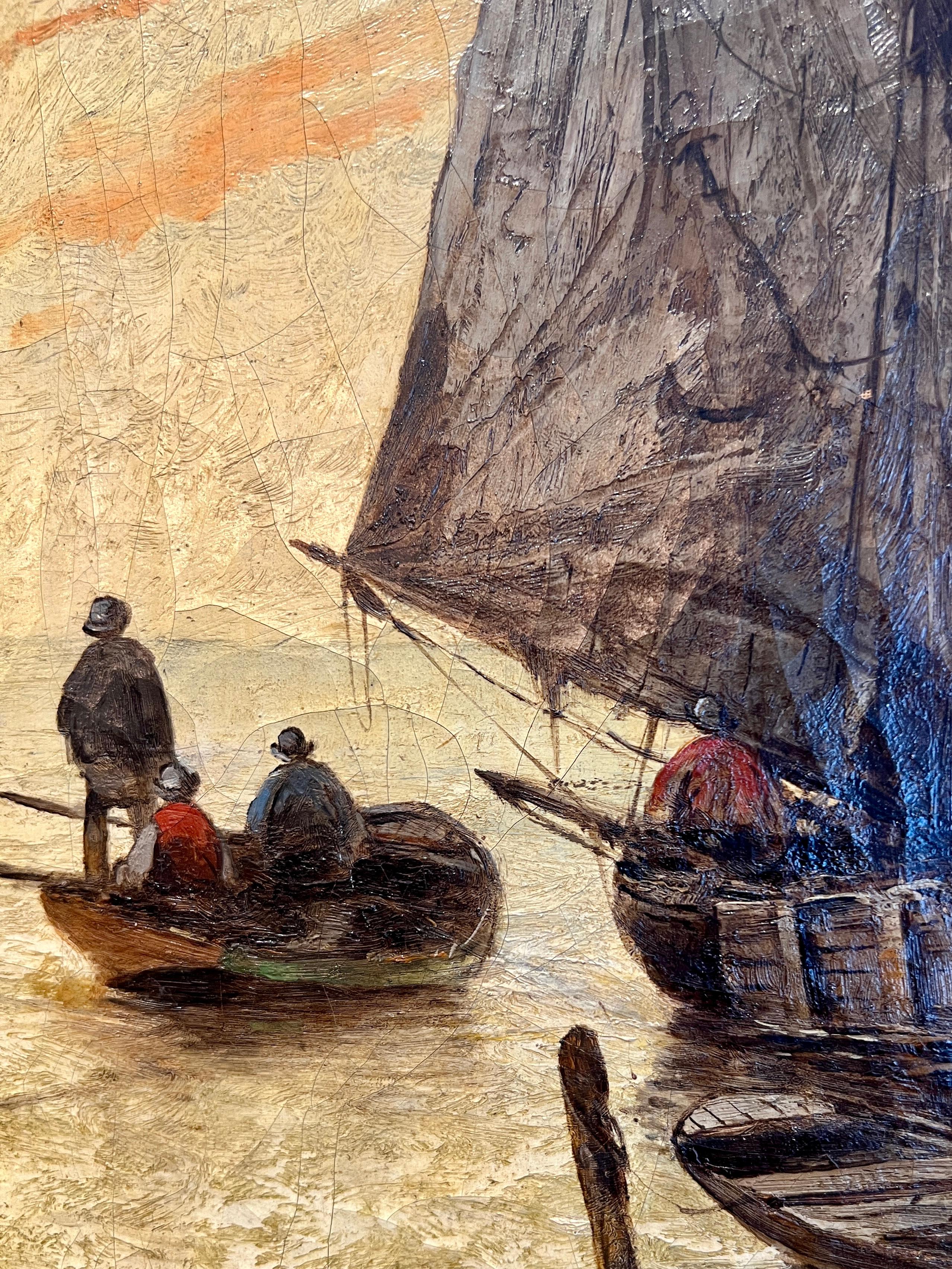 Pair Antique Continental Oil on Canvas Ship & Harbor Paintings, Circa 1920's. For Sale 1