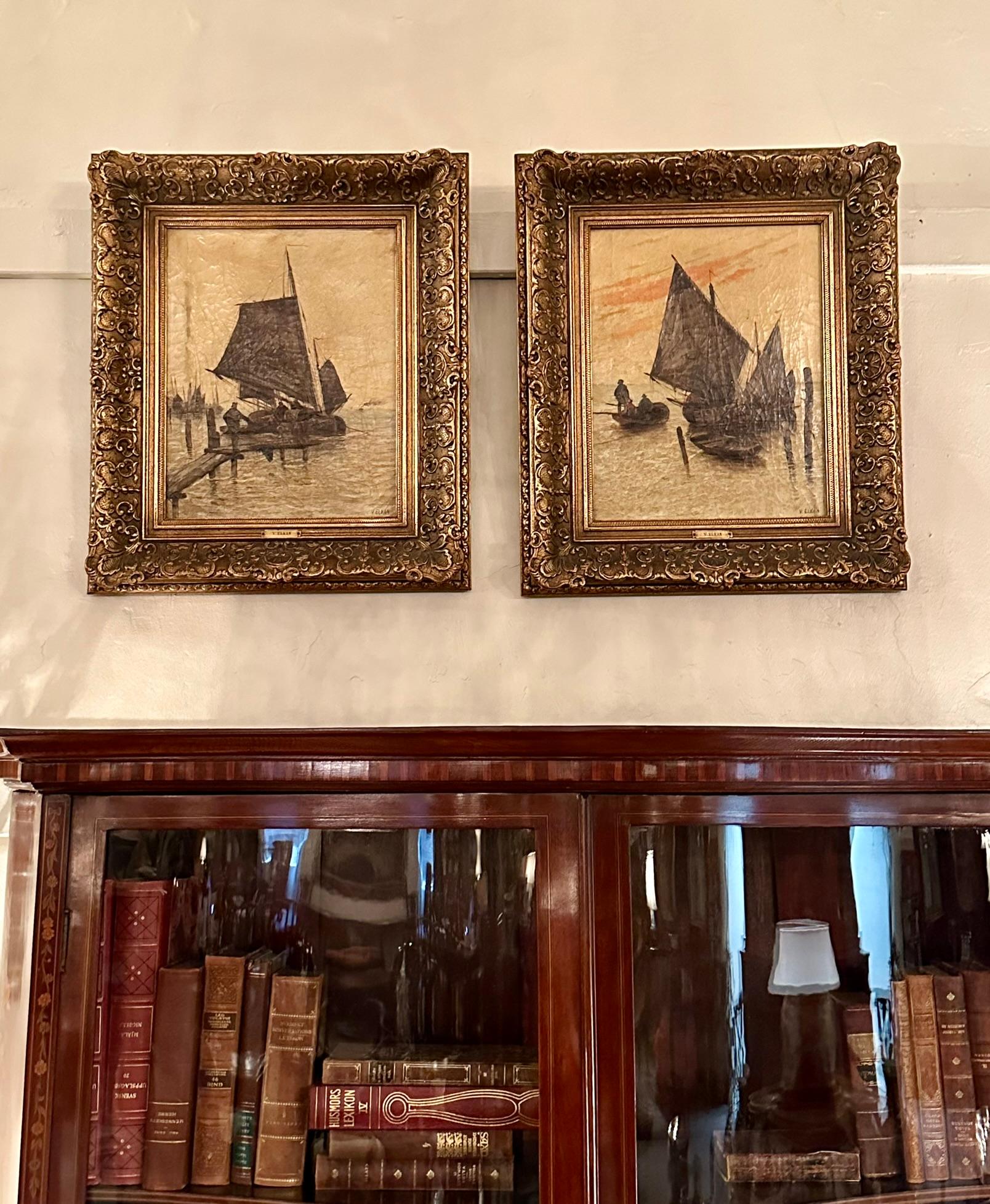 Pair Antique Continental Oil on Canvas Ship & Harbor Paintings, Circa 1920's. For Sale 3