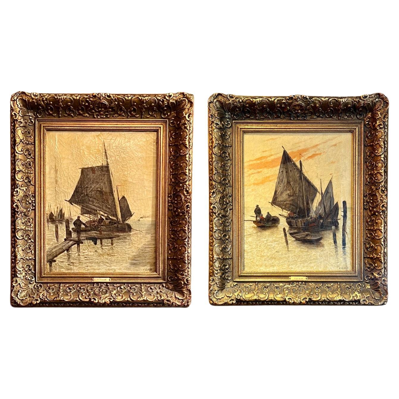 Paire d'anciennes peintures de navires et de ports à l'huile sur toile de style continental, datant des années 1920. 