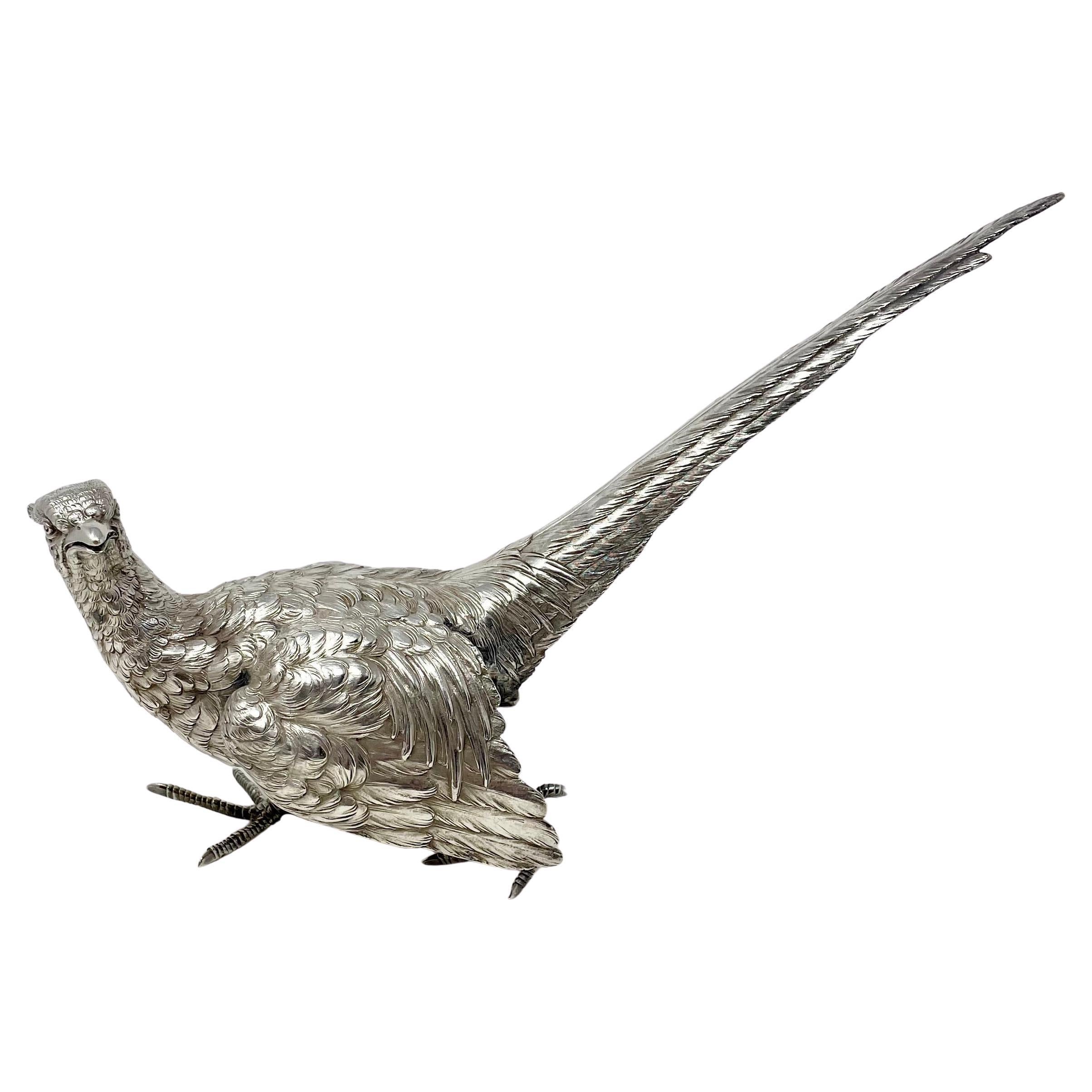 Pair Antique Continental Silver Pheasants, Circa 1900. In Good Condition For Sale In New Orleans, LA