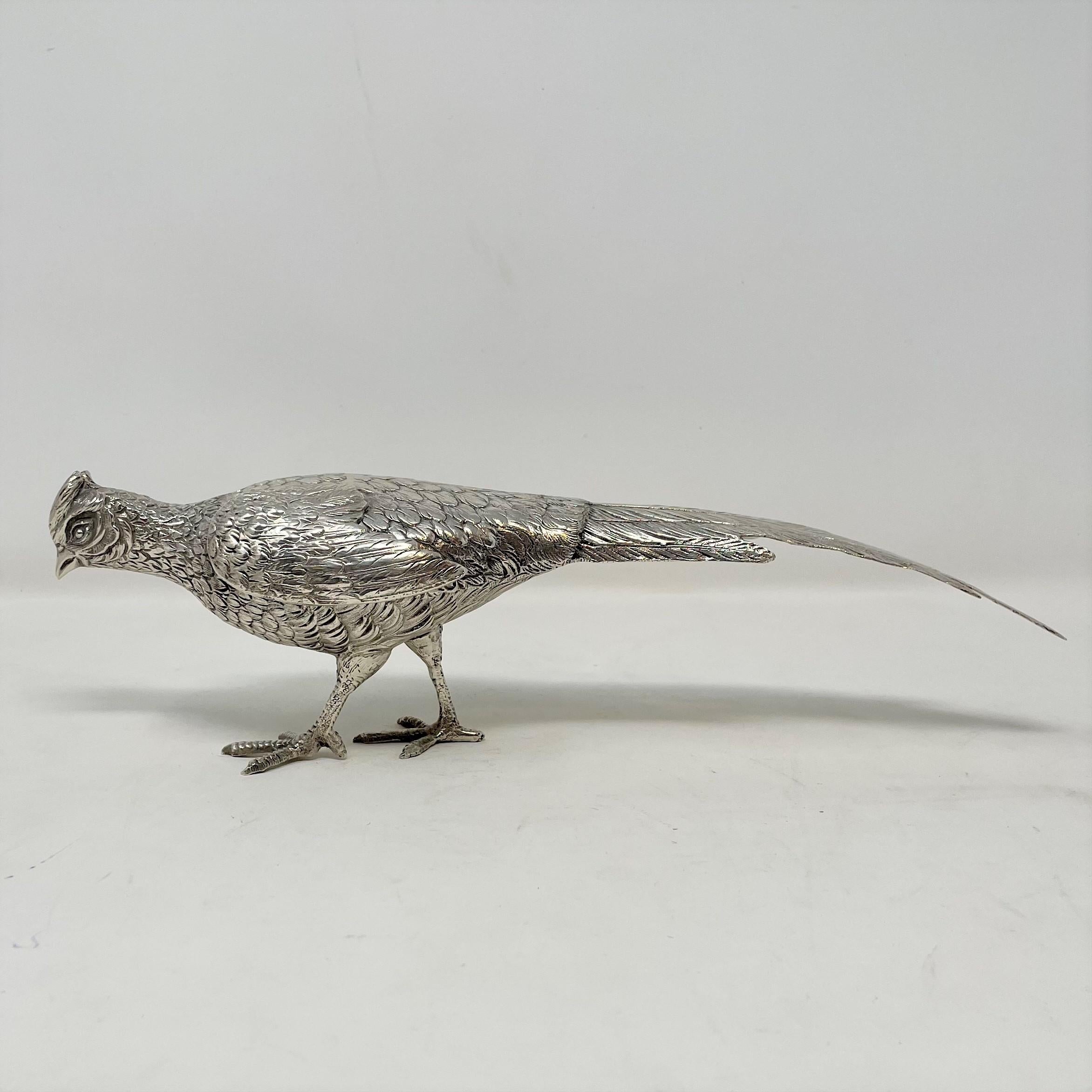 Pair Antique Continental Sterling Silver Pheasant Statues, circa 1920-1940 In Good Condition In New Orleans, LA