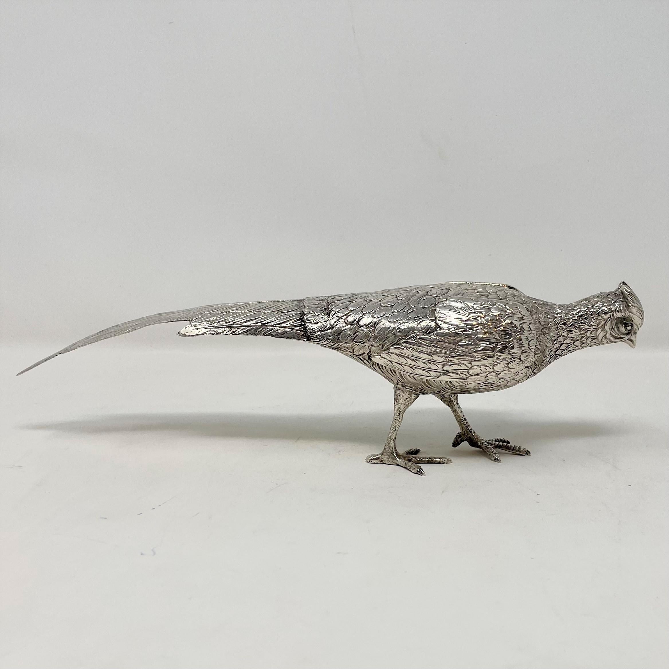 20th Century Pair Antique Continental Sterling Silver Pheasant Statues, circa 1920-1940