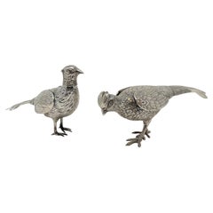 Pair Antique Continental Sterling Silver Pheasant Statues, circa 1920-1940