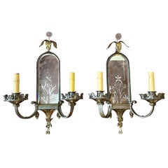 Pair of Antique Continental Wrought Iron and Mirror Wall Lights, circa 1920