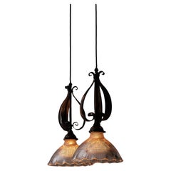 Pair Antique Copper Arts & Crafts Holophane Stiletto Glass Pendant Light, c.1910