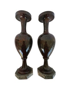 Pair, Antique Cornwall Red Jasper Stone Vases on Marble Bases