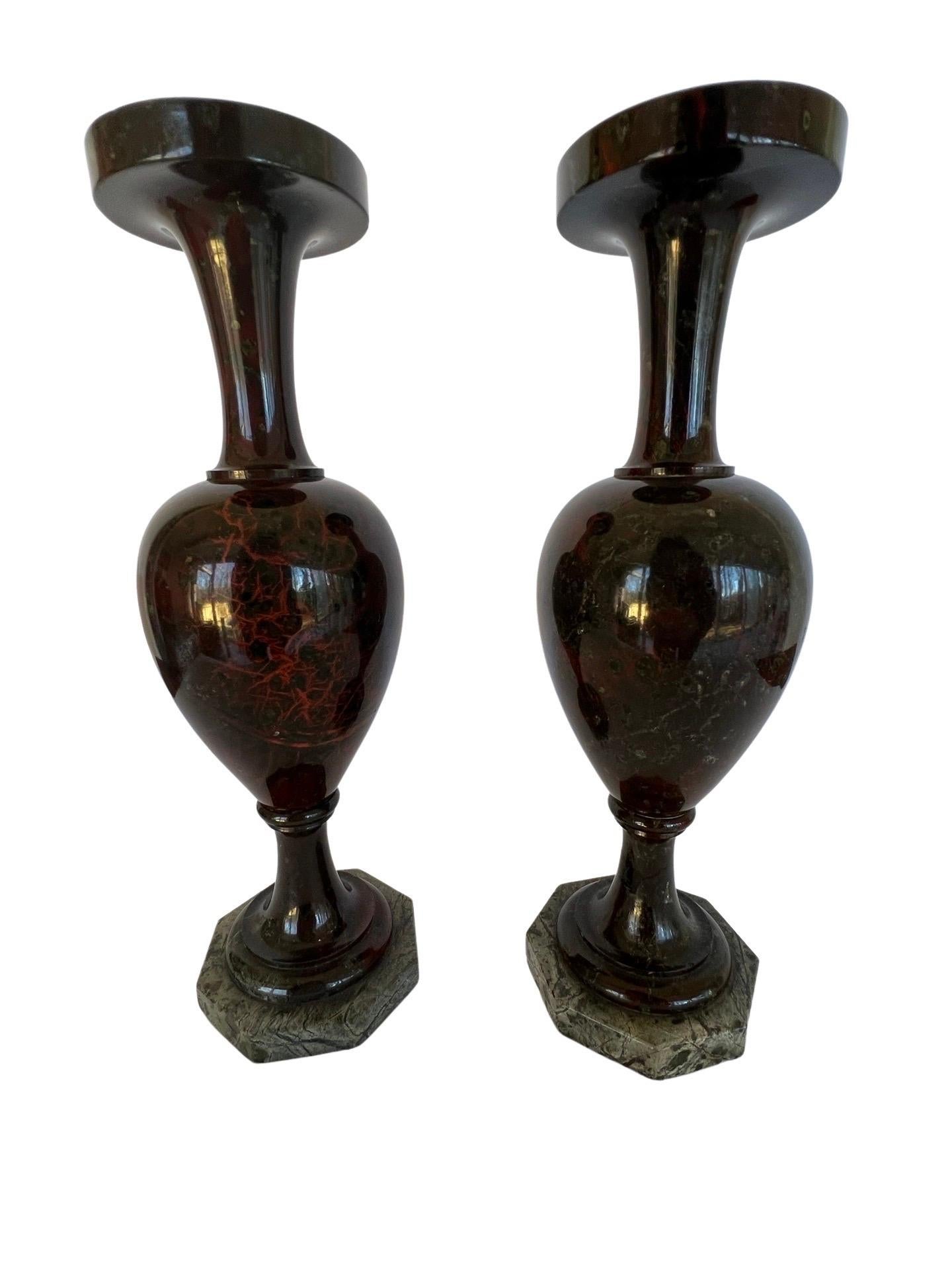 Pair, Antique Cornwall Red Jasper Stone Vases on Marble Bases For Sale 1