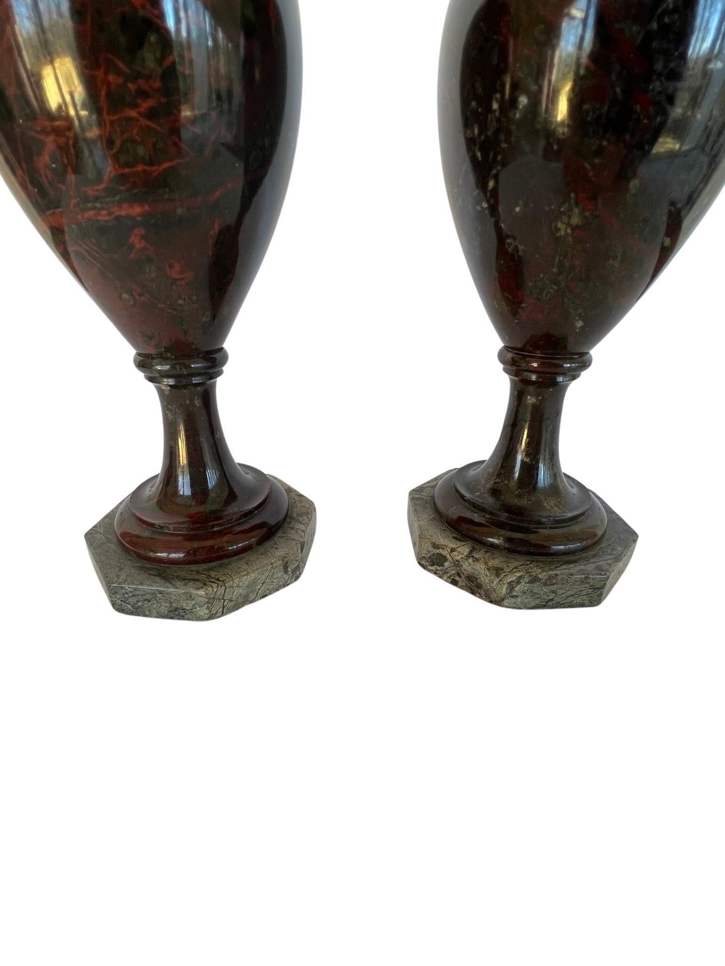 Pair, Antique Cornwall Red Jasper Stone Vases on Marble Bases For Sale 3