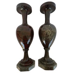 Pair, Antique Cornwall Red Jasper Stone Vases on Marble Bases