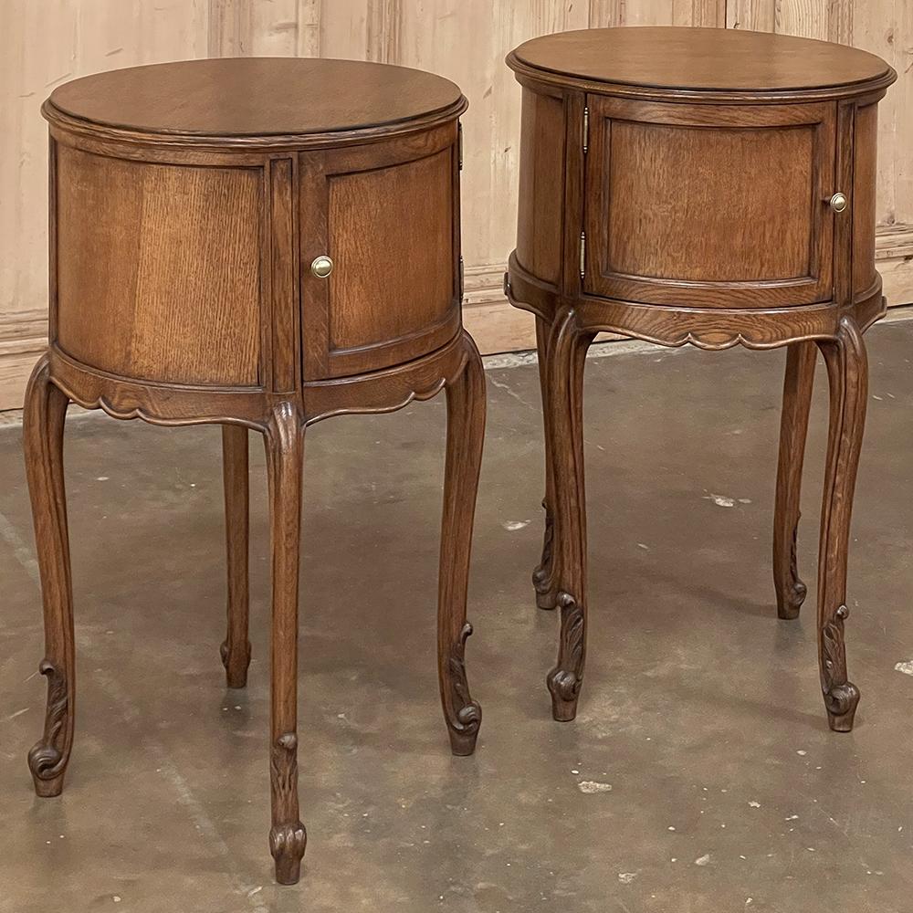 Pair antique country French Louis XV Round nightstands were crafted from oak to last for centuries! The round tops make them exceptionally easy to place in the room, and being round and fully finished, they work in any room as well, making perfect