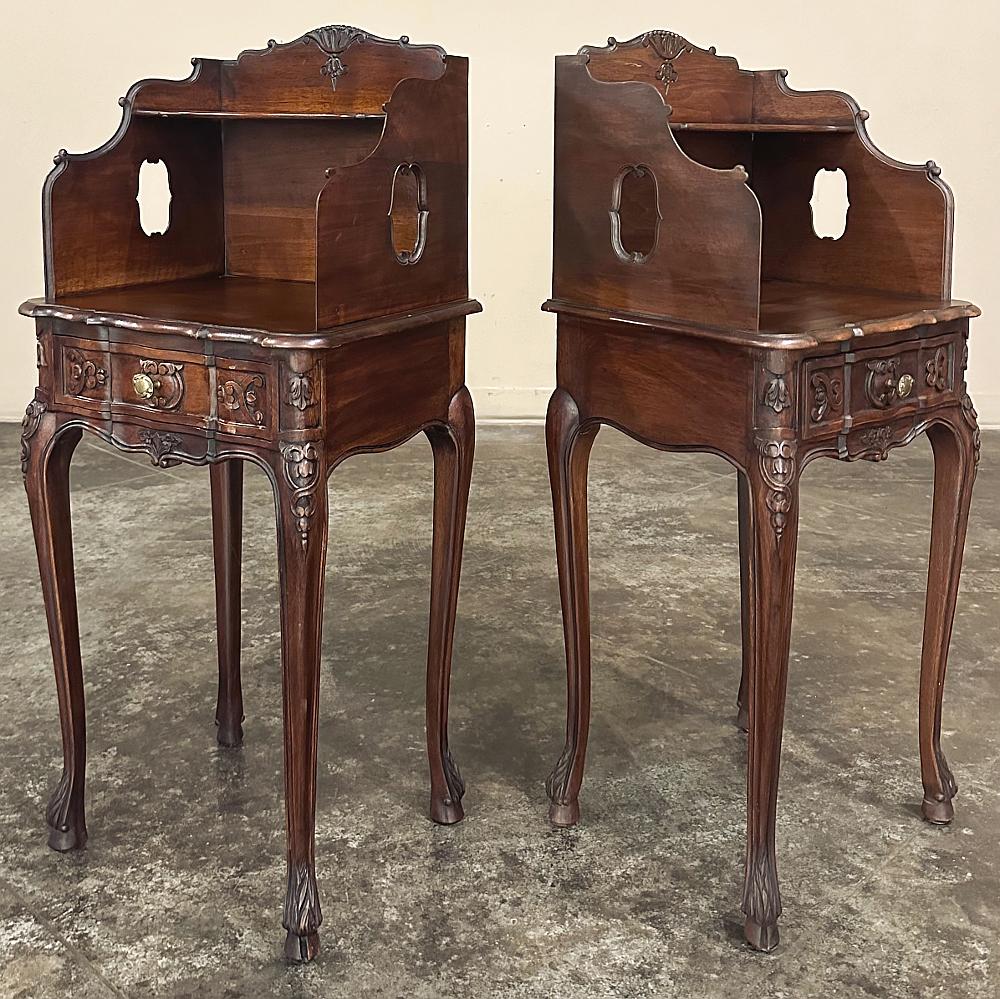 Pair Antique Country French Louis XV Walnut Nightstands ~ Side Tables will add a charming accent to any room!  Perfect for bedside companions or for symmetry in seating groups, the design features a 24 inch high main surface and a small convenient