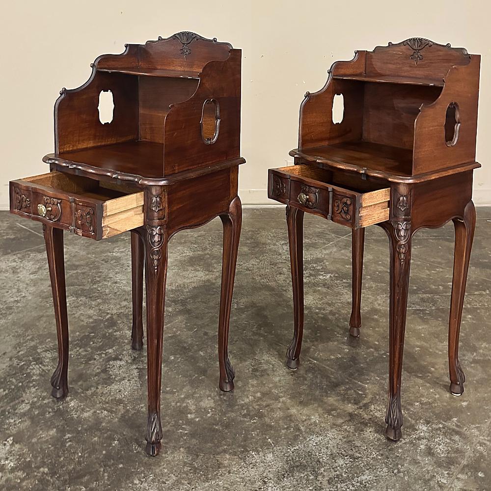 Brass Pair Antique Country French Louis XV Walnut Nightstands ~ Side Tables For Sale