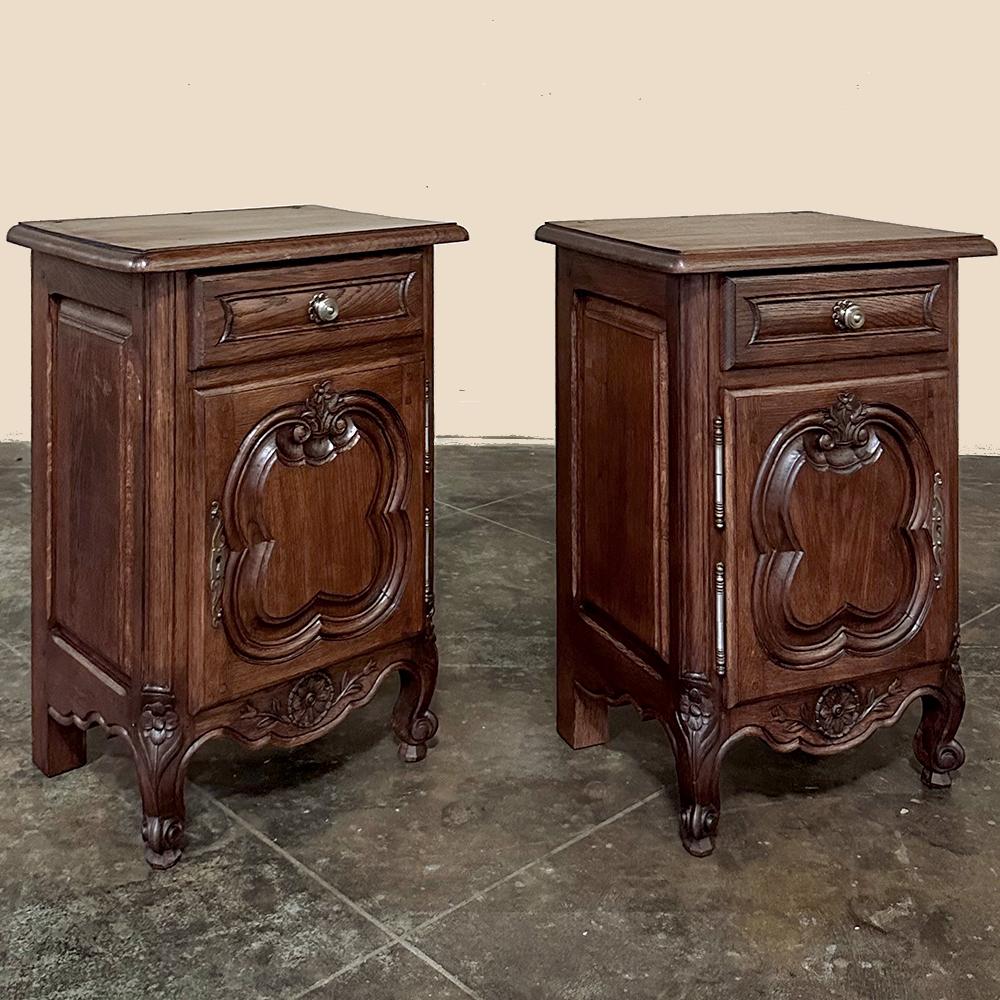 Pair Antique Country French Nightstands will make great bedside companions, but since they're finished all around, work just as well as accompaniments in a seating group, or beside a sofa. handcrafted from solid, dense, hand-select oak, each