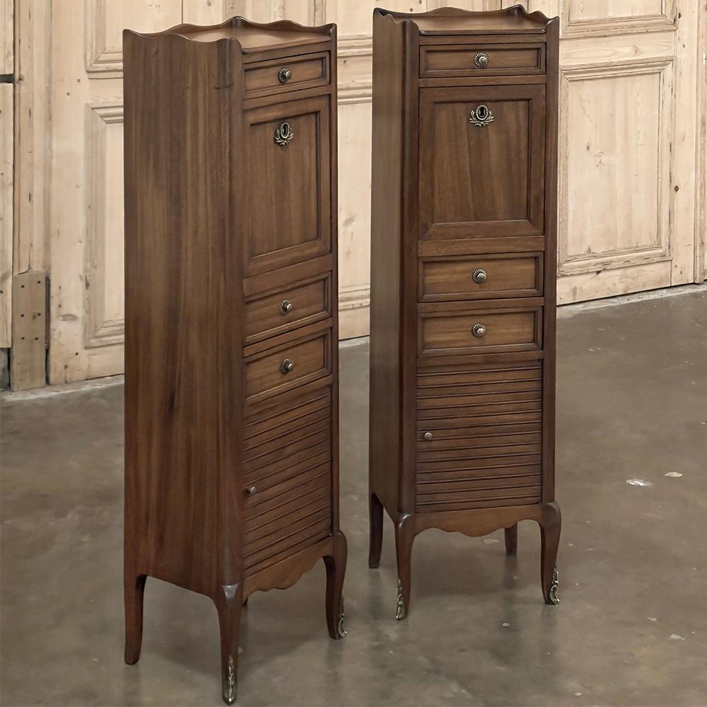 Pair Antique Country French Walnut Petite Secretaries are truly an amazing and unique find!  The design is unusually tall, shallow and narrow all at once, crafted entirely from fine French walnut and fitted with beautifully cast brass knobs and key