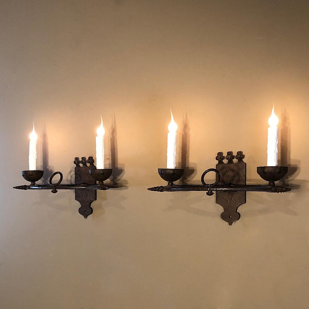 Rustic Pair of Antique Country French Wrought Iron Wall Sconces