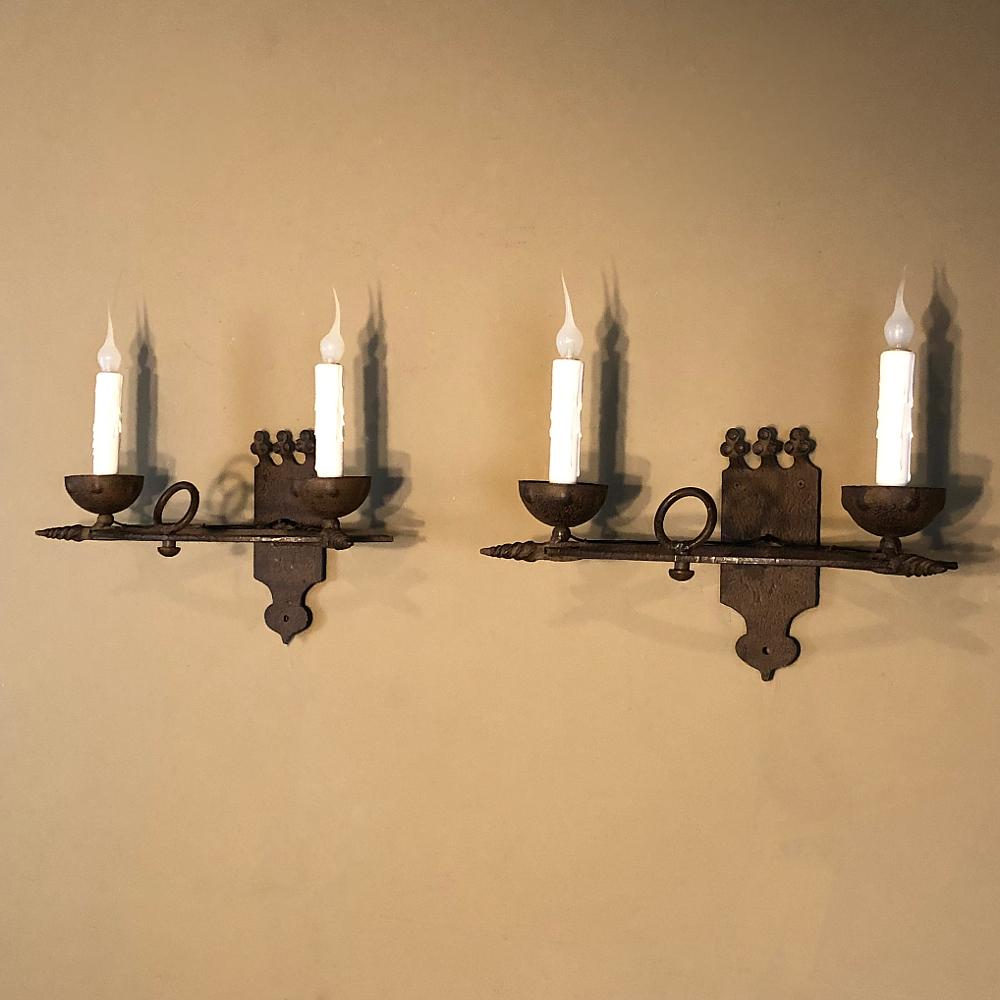 Hand-Crafted Pair of Antique Country French Wrought Iron Wall Sconces