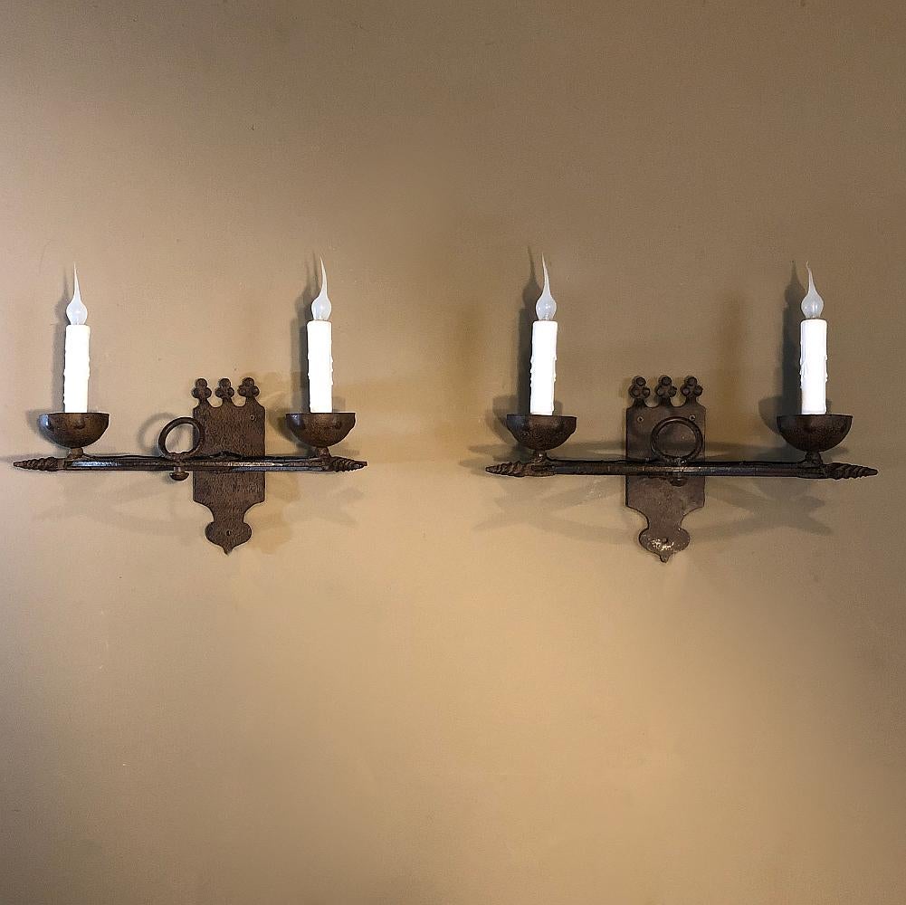 20th Century Pair of Antique Country French Wrought Iron Wall Sconces